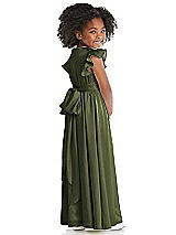 Rear View Thumbnail - Olive Green Ruffle Flutter Sleeve Whisper Satin Flower Girl Dress