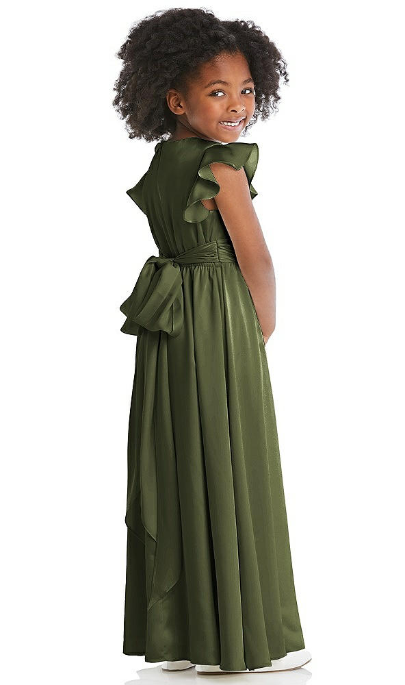 Back View - Olive Green Ruffle Flutter Sleeve Whisper Satin Flower Girl Dress