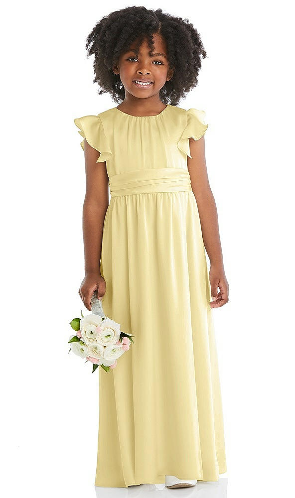 Front View - Pale Yellow Ruffle Flutter Sleeve Whisper Satin Flower Girl Dress