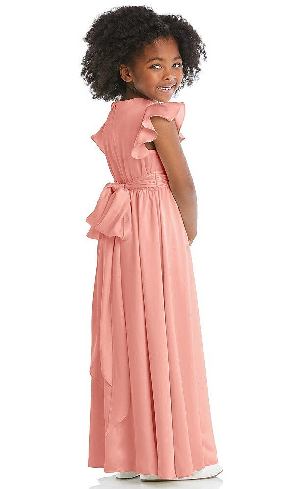 Back View - Rose - PANTONE Rose Quartz Ruffle Flutter Sleeve Whisper Satin Flower Girl Dress