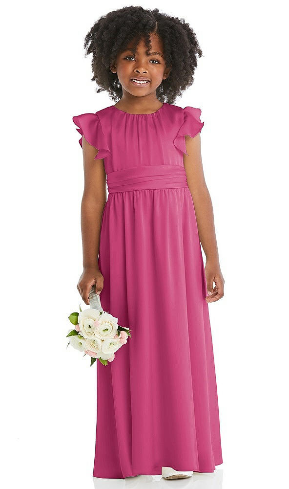 Front View - Tea Rose Ruffle Flutter Sleeve Whisper Satin Flower Girl Dress