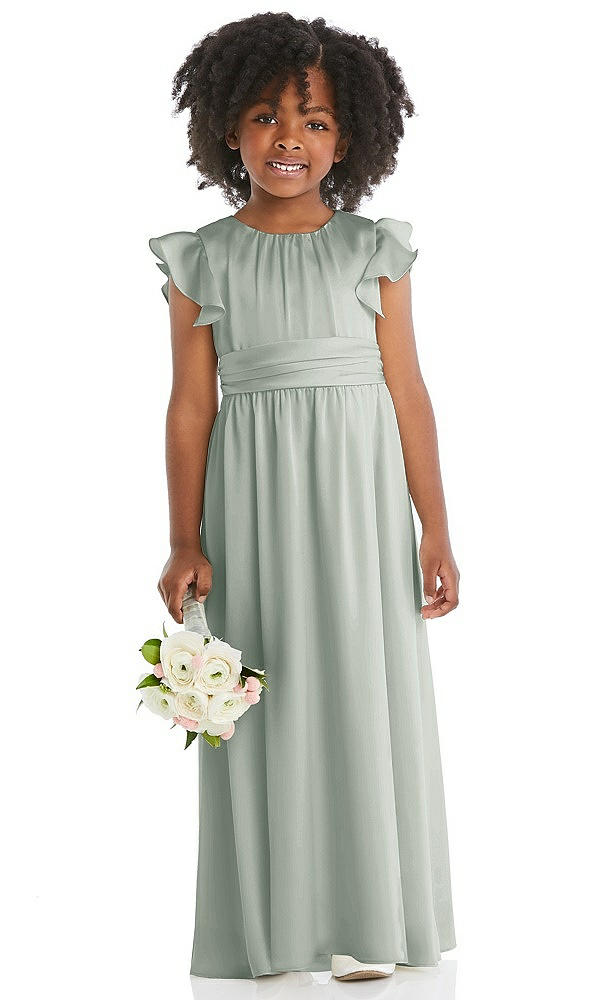 Front View - Willow Green Ruffle Flutter Sleeve Whisper Satin Flower Girl Dress