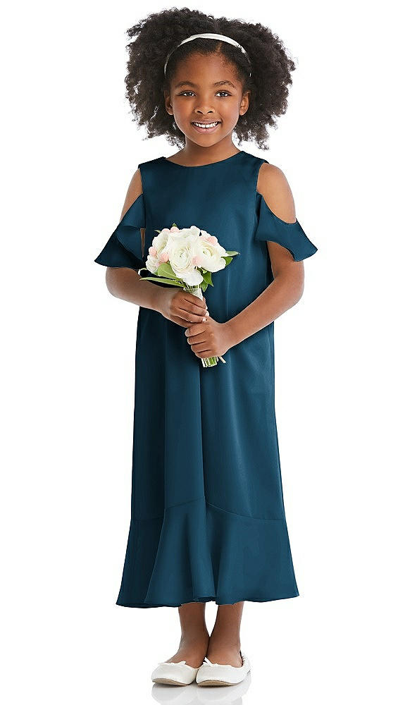 Front View - Atlantic Blue Ruffled Cold Shoulder Flower Girl Dress