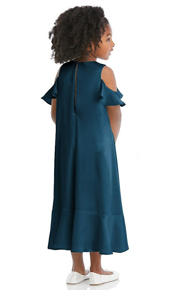 Back View - Atlantic Blue Ruffled Cold Shoulder Flower Girl Dress