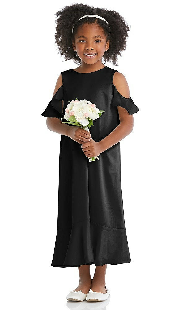 Front View - Black Ruffled Cold Shoulder Flower Girl Dress