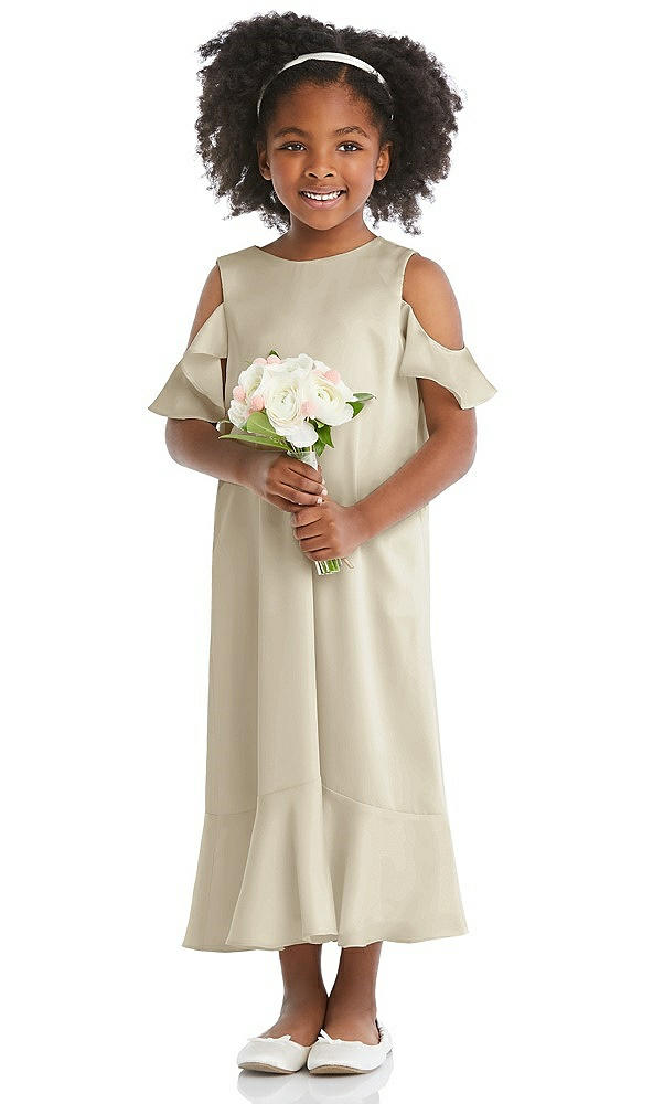 Front View - Champagne Ruffled Cold Shoulder Flower Girl Dress
