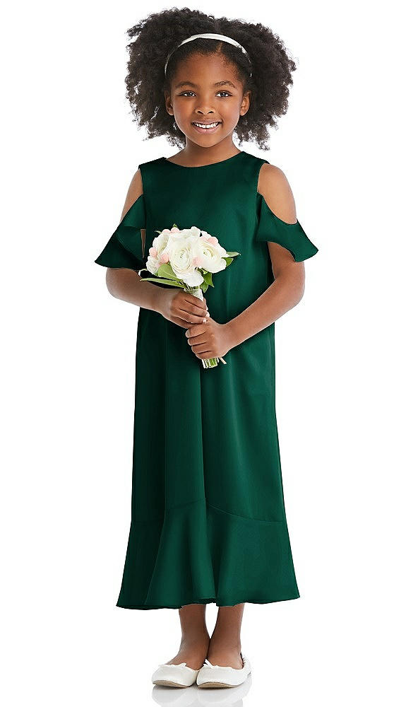 Front View - Hunter Green Ruffled Cold Shoulder Flower Girl Dress