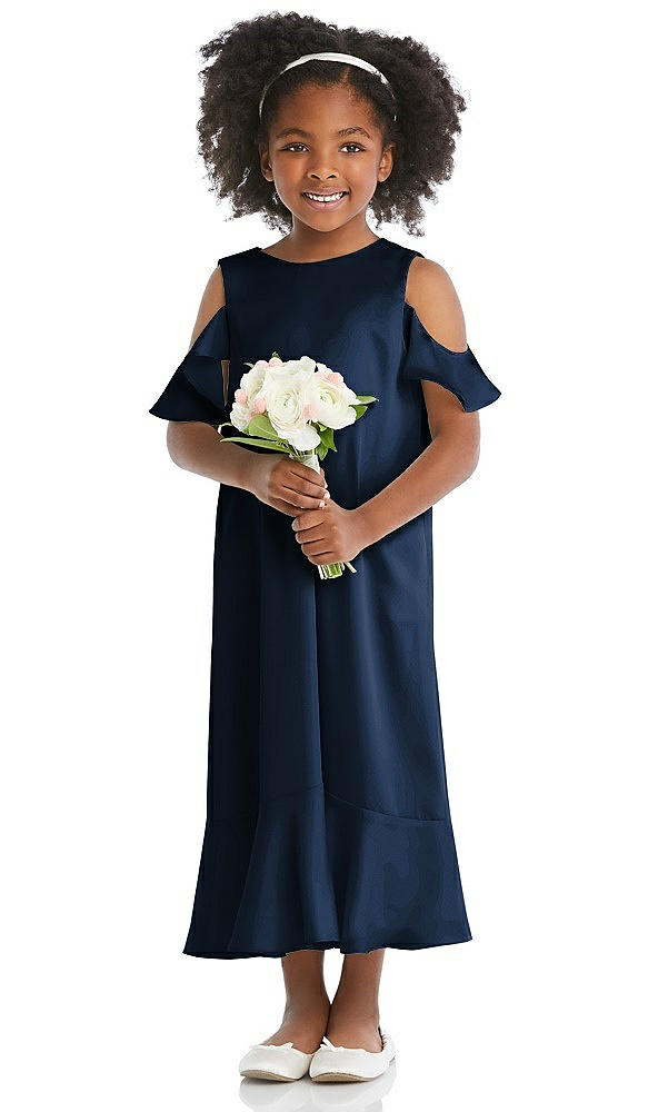 Front View - Midnight Navy Ruffled Cold Shoulder Flower Girl Dress