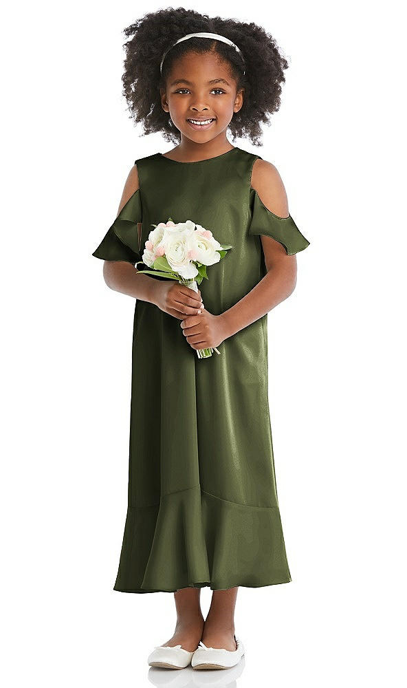 Front View - Olive Green Ruffled Cold Shoulder Flower Girl Dress