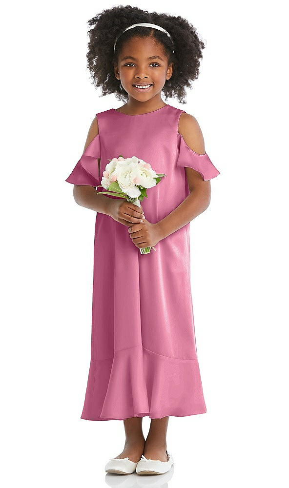 Front View - Orchid Pink Ruffled Cold Shoulder Flower Girl Dress