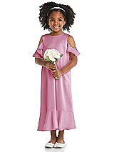 Front View Thumbnail - Powder Pink Ruffled Cold Shoulder Flower Girl Dress