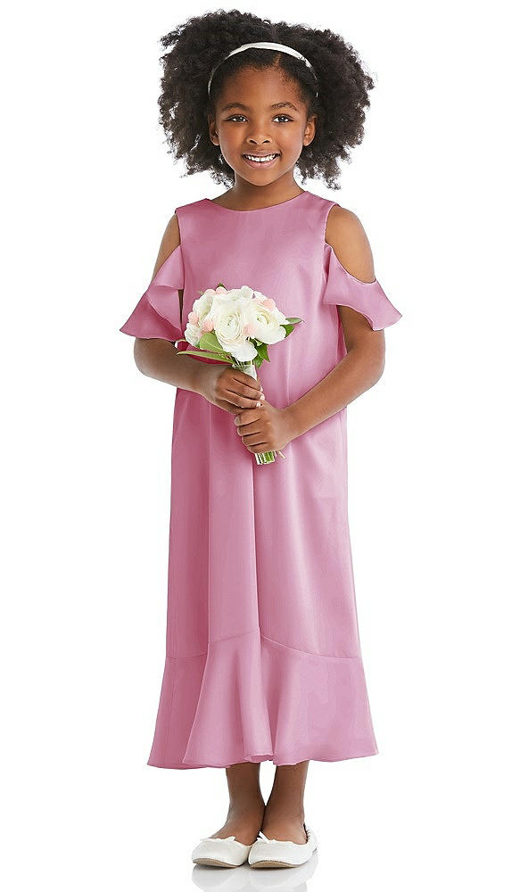 Front View - Powder Pink Ruffled Cold Shoulder Flower Girl Dress