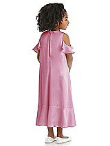 Rear View Thumbnail - Powder Pink Ruffled Cold Shoulder Flower Girl Dress