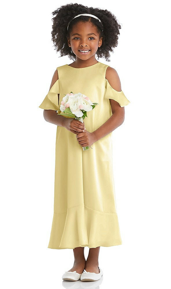 Front View - Pale Yellow Ruffled Cold Shoulder Flower Girl Dress