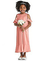 Front View Thumbnail - Rose - PANTONE Rose Quartz Ruffled Cold Shoulder Flower Girl Dress
