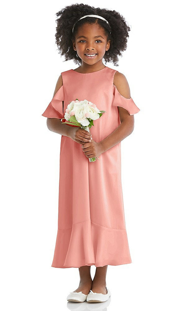 Front View - Rose - PANTONE Rose Quartz Ruffled Cold Shoulder Flower Girl Dress