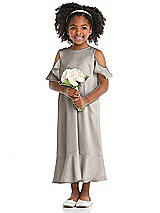 Front View Thumbnail - Taupe Ruffled Cold Shoulder Flower Girl Dress