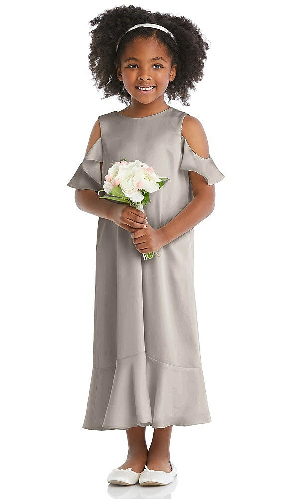 Front View - Taupe Ruffled Cold Shoulder Flower Girl Dress