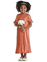 Front View Thumbnail - Terracotta Copper Ruffled Cold Shoulder Flower Girl Dress
