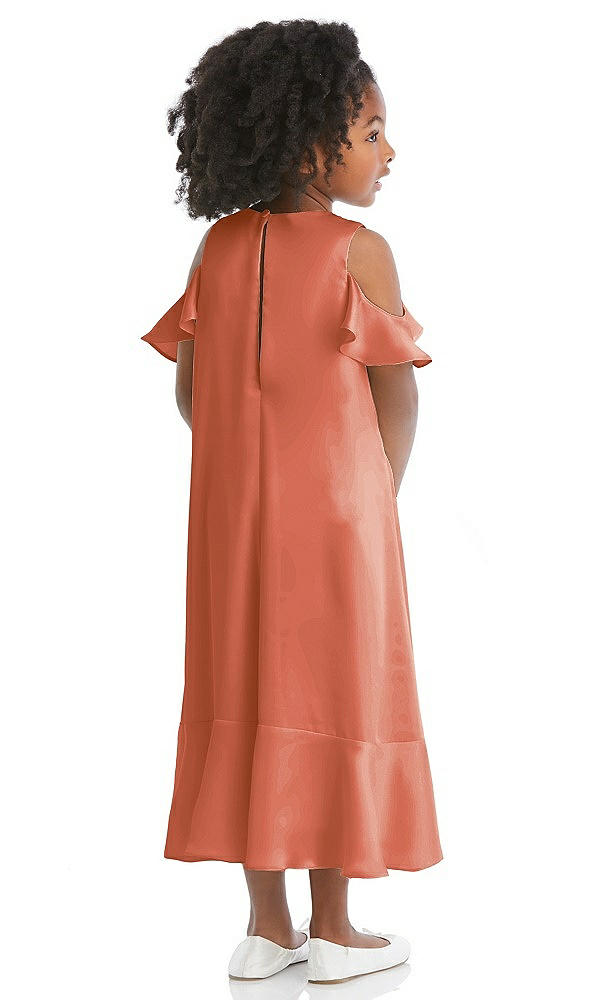 Back View - Terracotta Copper Ruffled Cold Shoulder Flower Girl Dress