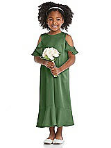 Front View Thumbnail - Vineyard Green Ruffled Cold Shoulder Flower Girl Dress