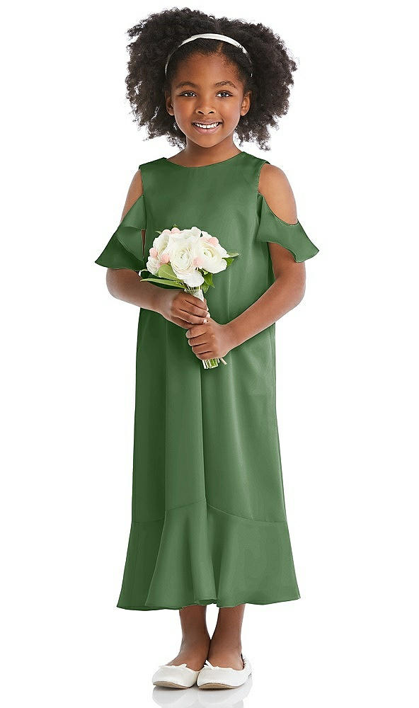 Front View - Vineyard Green Ruffled Cold Shoulder Flower Girl Dress