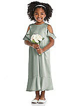 Front View Thumbnail - Willow Green Ruffled Cold Shoulder Flower Girl Dress