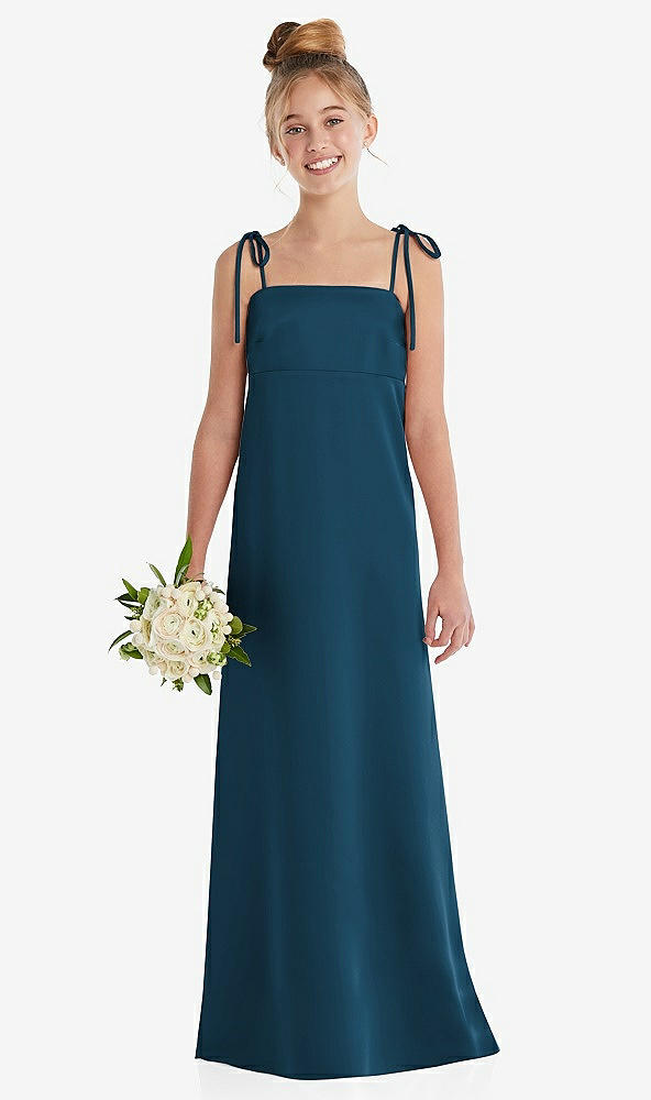 Front View - Atlantic Blue Tie Shoulder Empire Waist Junior Bridesmaid Dress