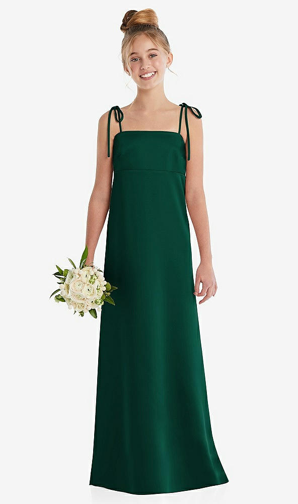 Front View - Hunter Green Tie Shoulder Empire Waist Junior Bridesmaid Dress