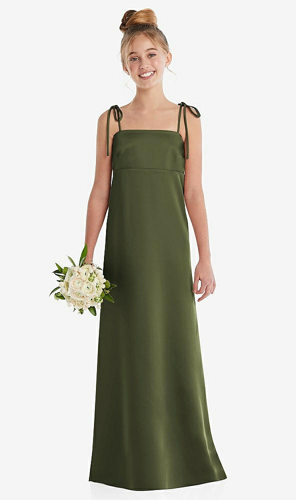 Front View - Olive Green Tie Shoulder Empire Waist Junior Bridesmaid Dress