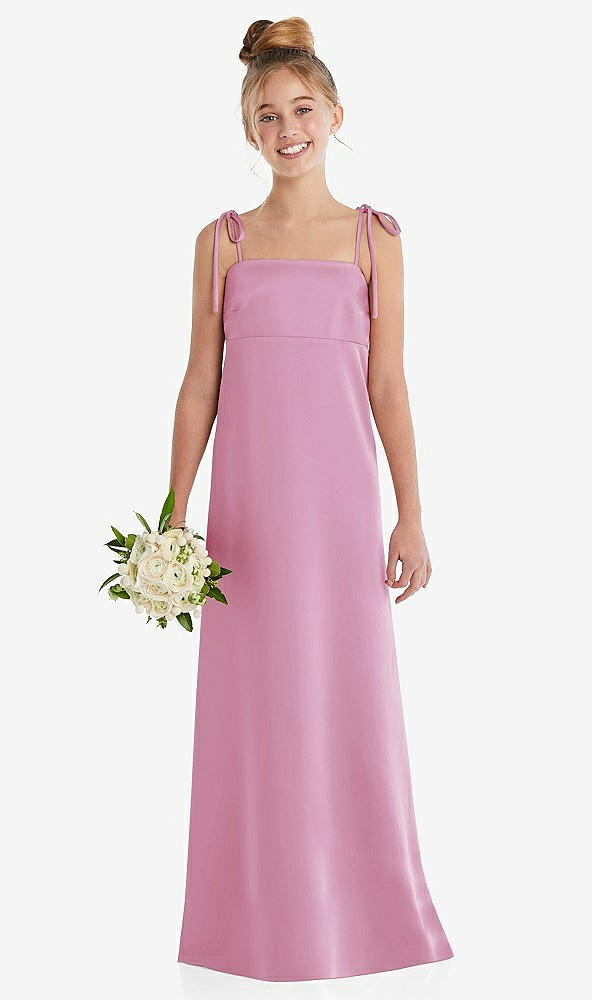 Front View - Powder Pink Tie Shoulder Empire Waist Junior Bridesmaid Dress