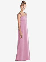 Side View Thumbnail - Powder Pink Tie Shoulder Empire Waist Junior Bridesmaid Dress