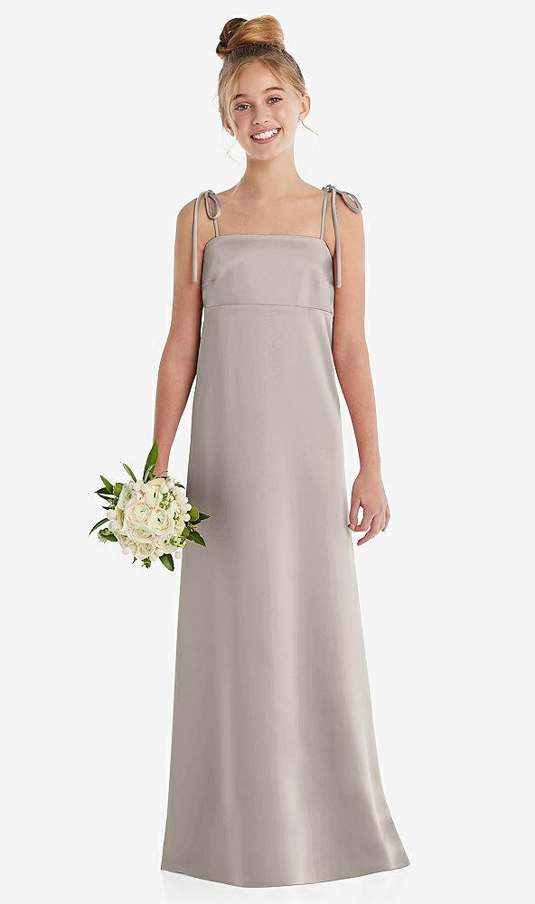 Front View - Taupe Tie Shoulder Empire Waist Junior Bridesmaid Dress