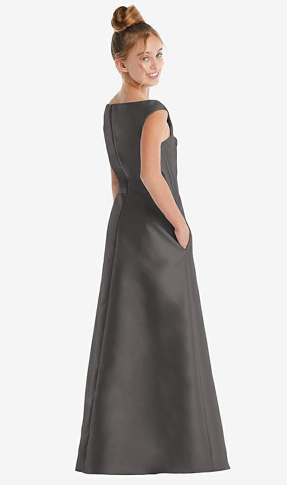 Back View - Caviar Gray Off-the-Shoulder Draped Wrap Satin Junior Bridesmaid Dress