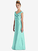 Side View Thumbnail - Coastal Off-the-Shoulder Draped Wrap Satin Junior Bridesmaid Dress