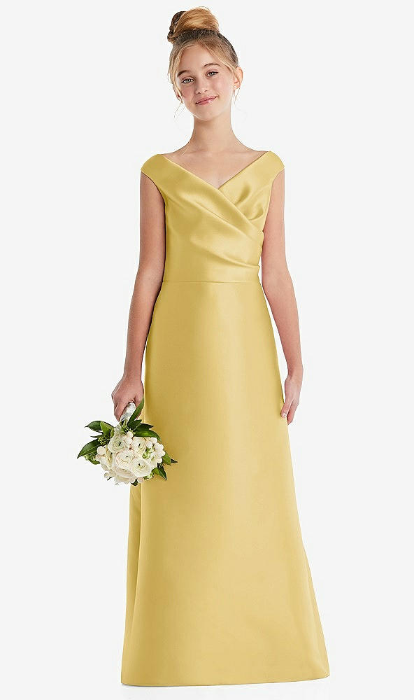 Front View - Maize Off-the-Shoulder Draped Wrap Satin Junior Bridesmaid Dress