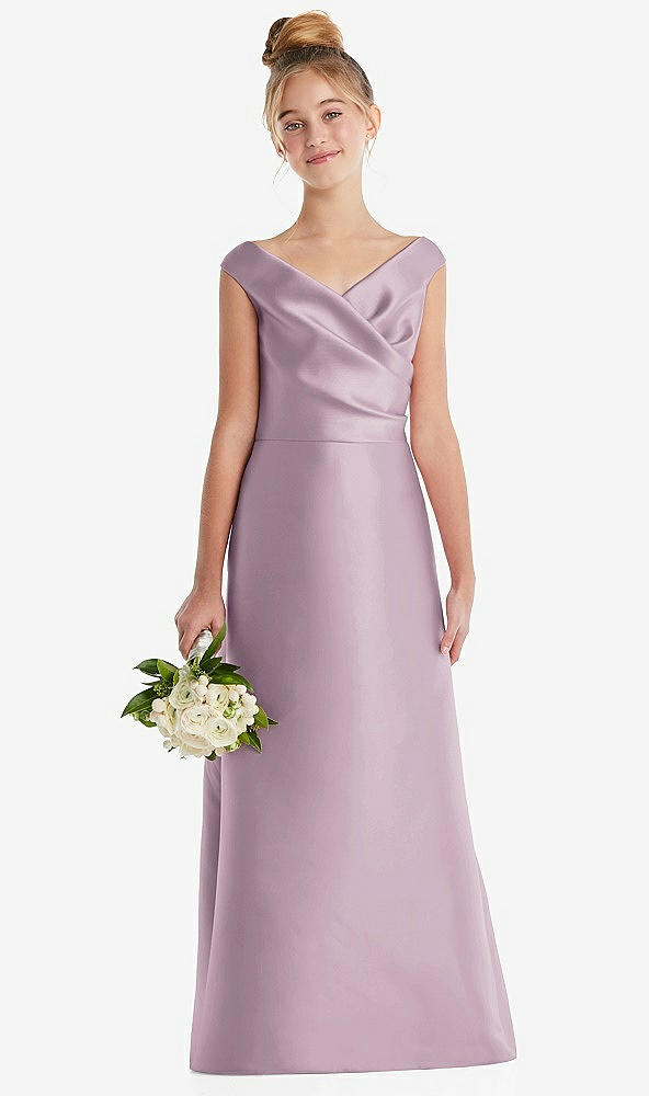 Front View - Suede Rose Off-the-Shoulder Draped Wrap Satin Junior Bridesmaid Dress