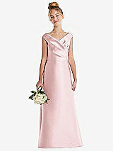 Front View Thumbnail - Ballet Pink Off-the-Shoulder Draped Wrap Satin Junior Bridesmaid Dress