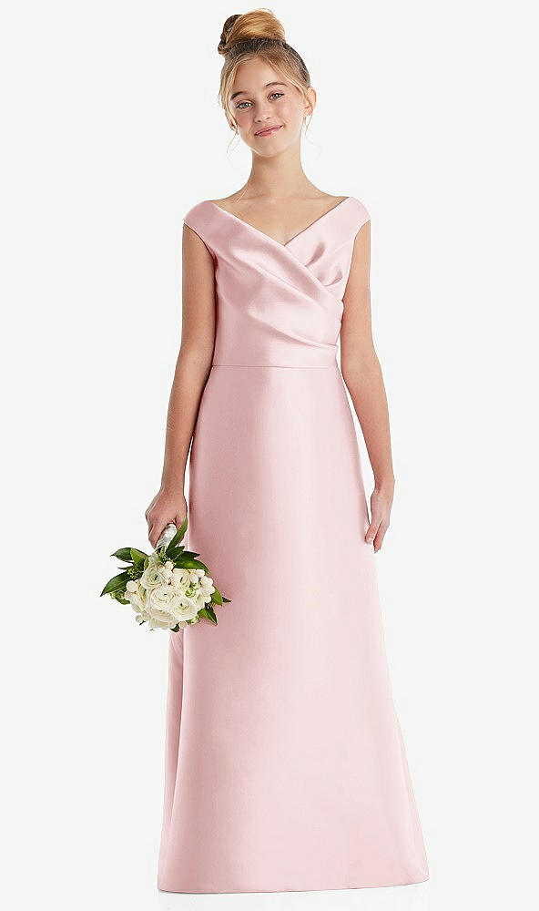 Front View - Ballet Pink Off-the-Shoulder Draped Wrap Satin Junior Bridesmaid Dress