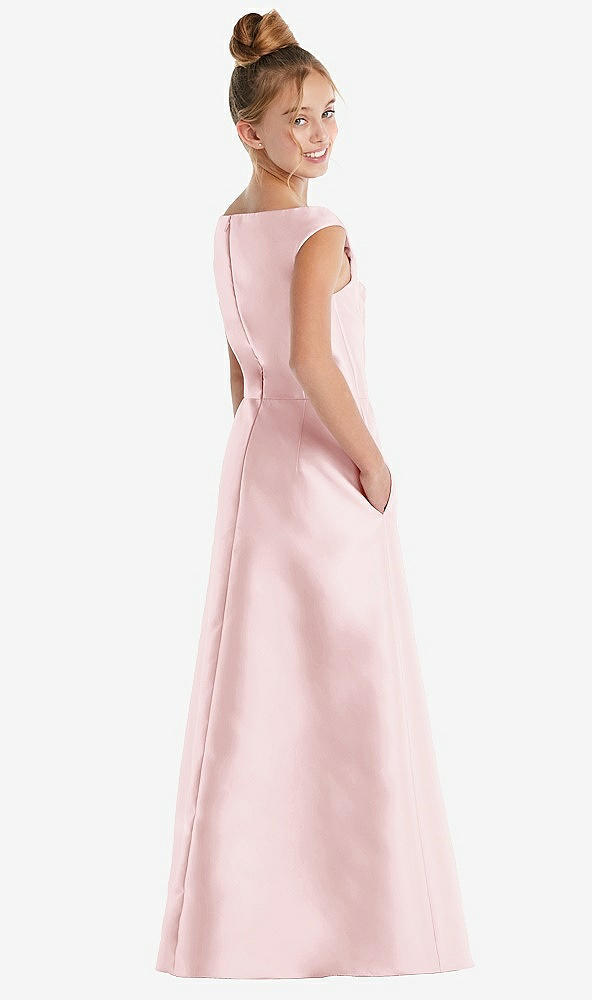 Back View - Ballet Pink Off-the-Shoulder Draped Wrap Satin Junior Bridesmaid Dress