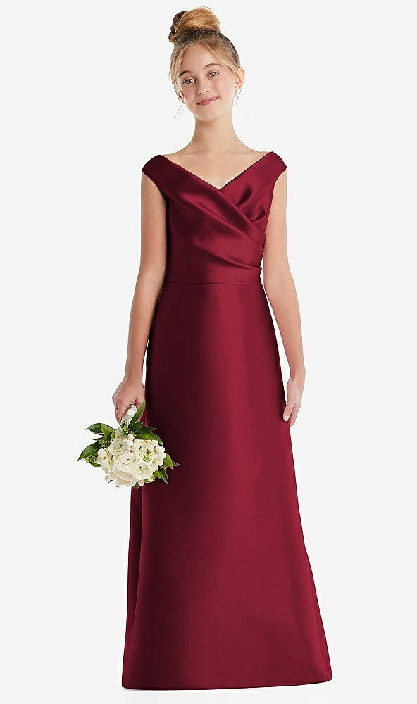 Front View - Burgundy Off-the-Shoulder Draped Wrap Satin Junior Bridesmaid Dress