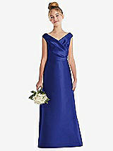 Front View Thumbnail - Cobalt Blue Off-the-Shoulder Draped Wrap Satin Junior Bridesmaid Dress