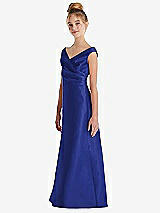 Side View Thumbnail - Cobalt Blue Off-the-Shoulder Draped Wrap Satin Junior Bridesmaid Dress