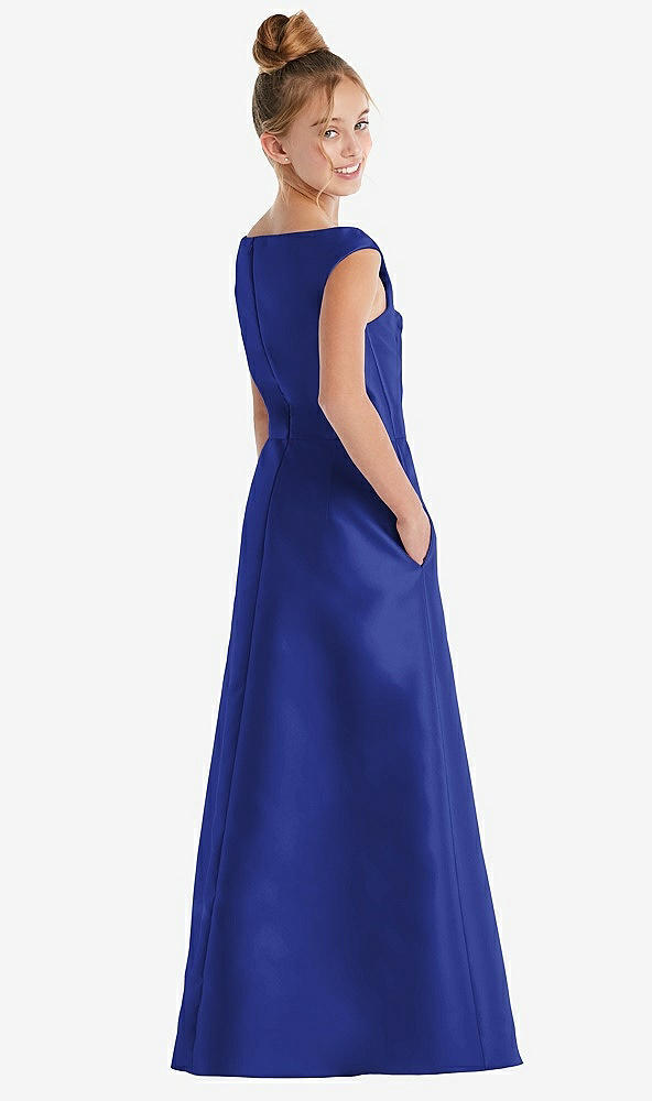 Back View - Cobalt Blue Off-the-Shoulder Draped Wrap Satin Junior Bridesmaid Dress