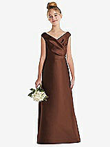 Front View Thumbnail - Cognac Off-the-Shoulder Draped Wrap Satin Junior Bridesmaid Dress