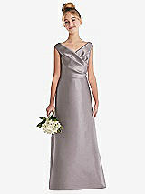 Front View Thumbnail - Cashmere Gray Off-the-Shoulder Draped Wrap Satin Junior Bridesmaid Dress