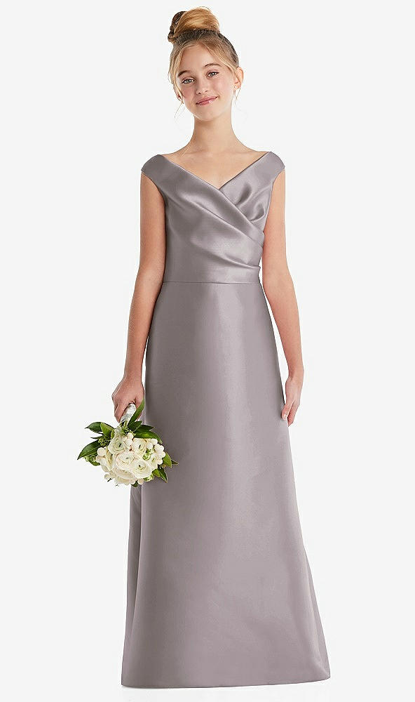 Front View - Cashmere Gray Off-the-Shoulder Draped Wrap Satin Junior Bridesmaid Dress