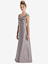 Side View Thumbnail - Cashmere Gray Off-the-Shoulder Draped Wrap Satin Junior Bridesmaid Dress