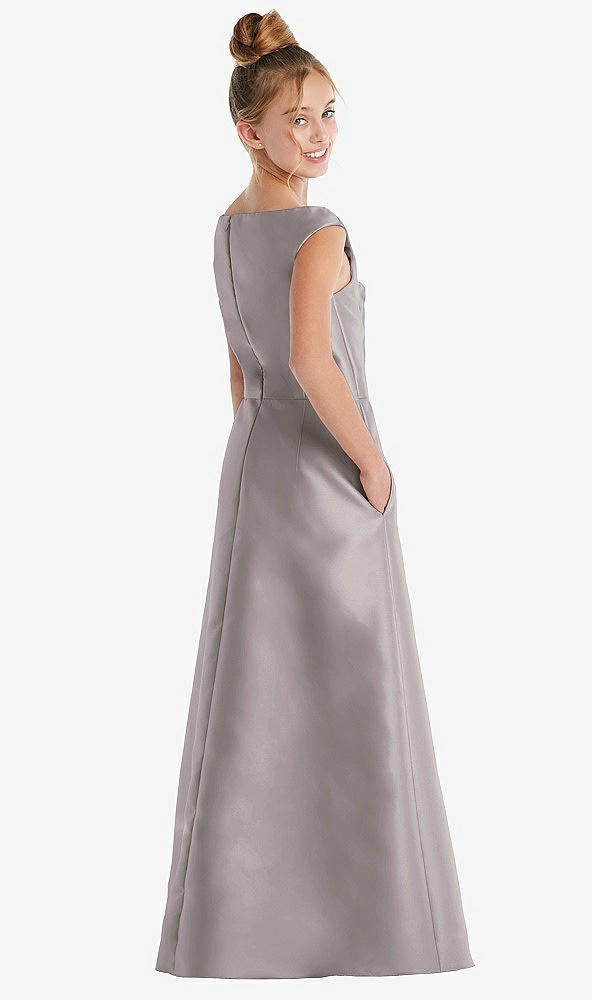 Back View - Cashmere Gray Off-the-Shoulder Draped Wrap Satin Junior Bridesmaid Dress