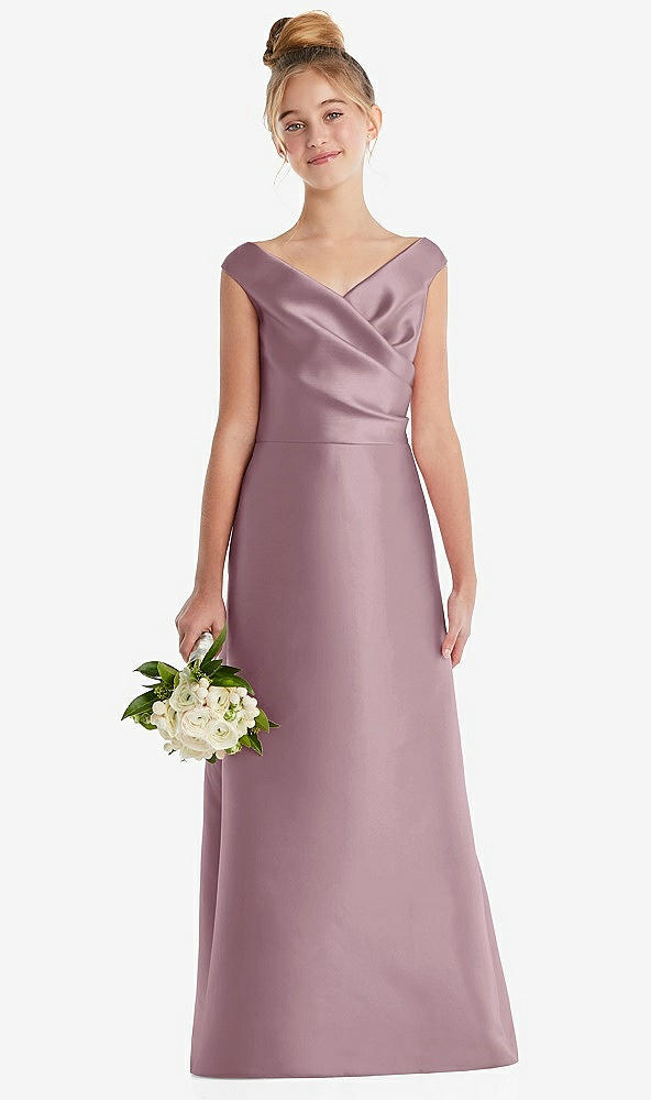 Front View - Dusty Rose Off-the-Shoulder Draped Wrap Satin Junior Bridesmaid Dress